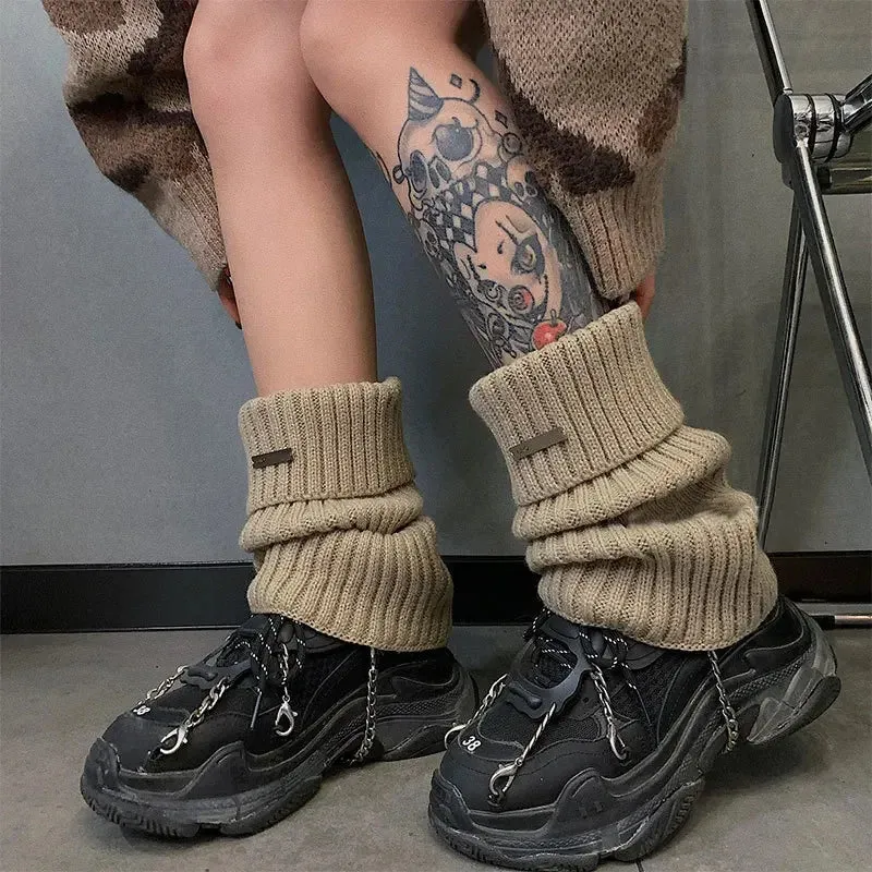 Sohiwoo New Punk Women Knitted Leg Warmers Calf Socks Vintage Winter Japanese Harajuku Pile Long Leg Covers Medium Socks Y2K Accessories
