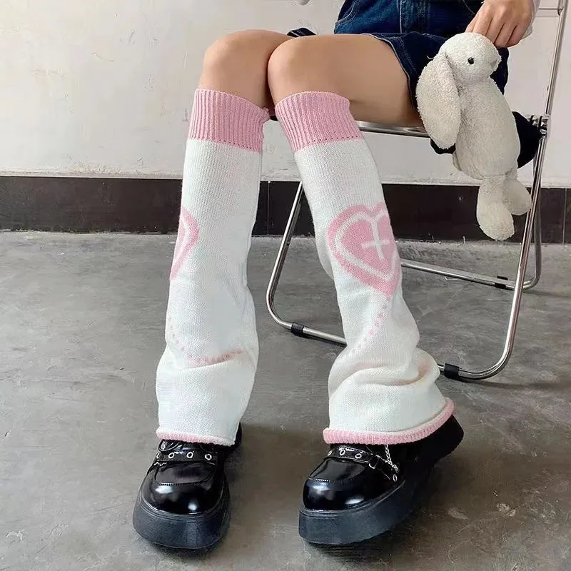 Sohiwoo Punk Leg Warmers Pink Love Cross Knitted Socks Double Sided AB Leg Socks Harajuku Y2K Gothic Hot Girl Women Wide JK Accessories