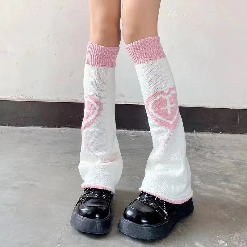 Sohiwoo Punk Leg Warmers Pink Love Cross Knitted Socks Double Sided AB Leg Socks Harajuku Y2K Gothic Hot Girl Women Wide JK Accessories