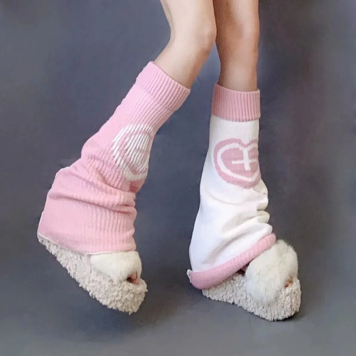 Sohiwoo Punk Leg Warmers Pink Love Cross Knitted Socks Double Sided AB Leg Socks Harajuku Y2K Gothic Hot Girl Women Wide JK Accessories