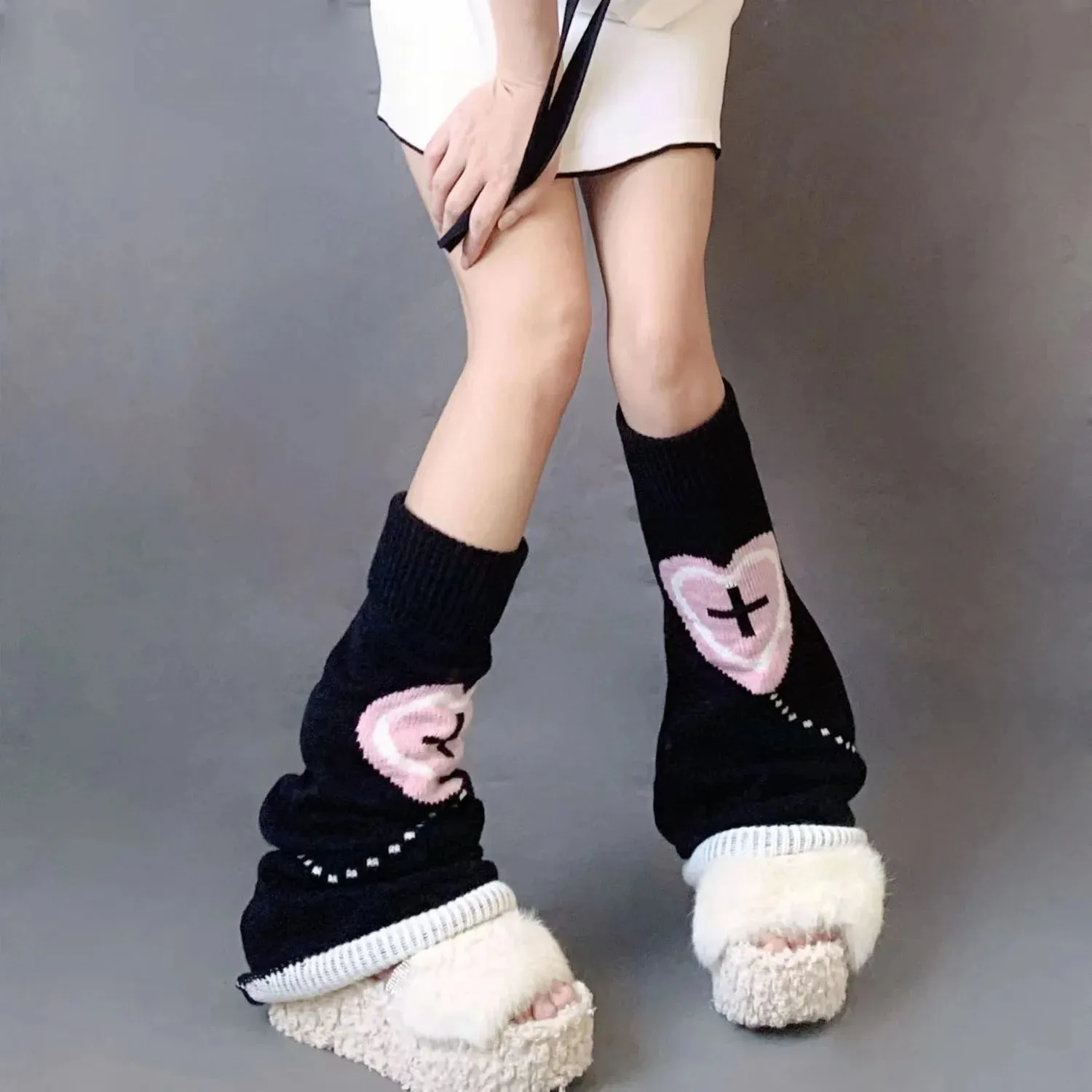 Sohiwoo Punk Leg Warmers Pink Love Cross Knitted Socks Double Sided AB Leg Socks Harajuku Y2K Gothic Hot Girl Women Wide JK Accessories