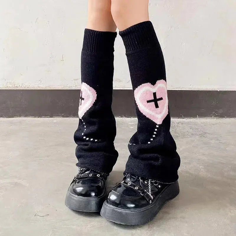 Sohiwoo Punk Leg Warmers Pink Love Cross Knitted Socks Double Sided AB Leg Socks Harajuku Y2K Gothic Hot Girl Women Wide JK Accessories