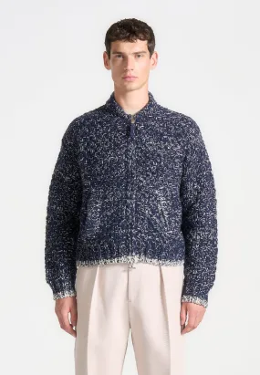 Speckled Knit Zip Up Bomber Jacket - Navy