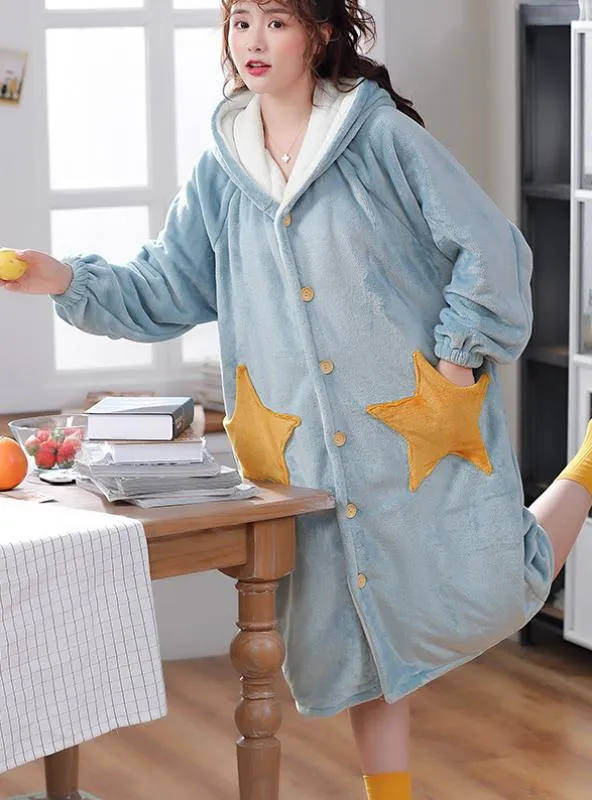 STAR WINTER CORAL VELVET BATHROBE EXTENDED THICK FLANNEL