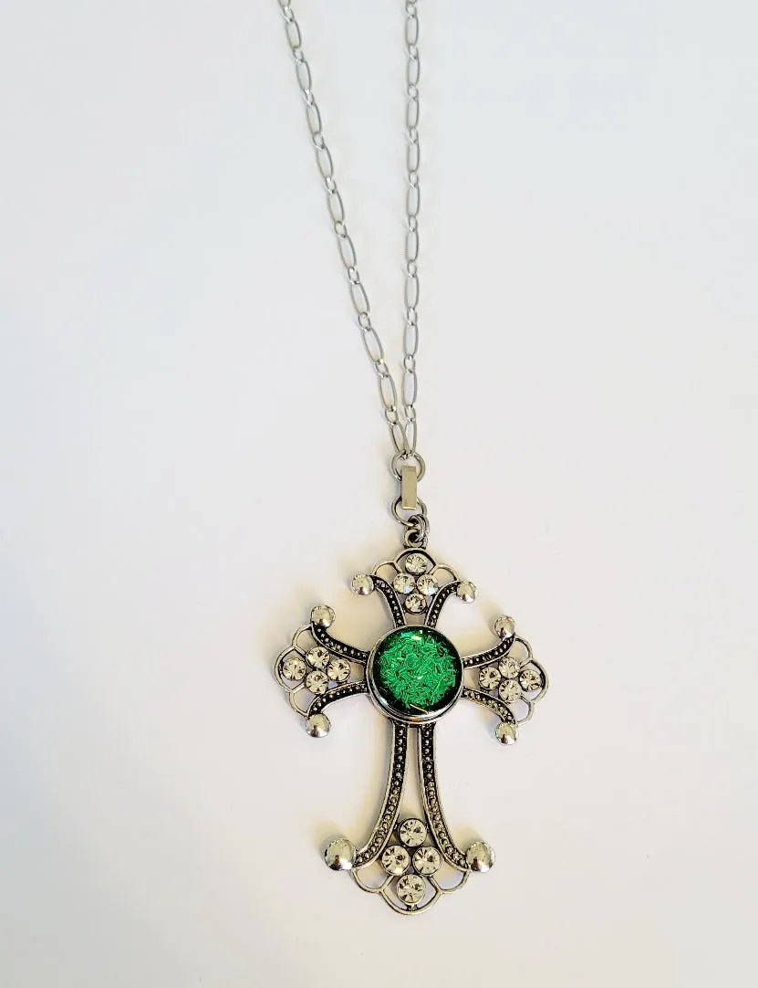 Sweater length necklace with detachable cross pendant and snap