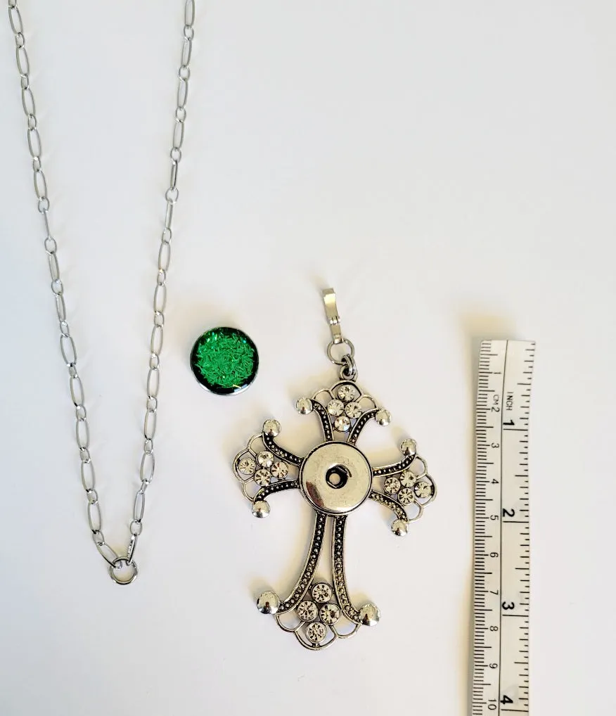 Sweater length necklace with detachable cross pendant and snap