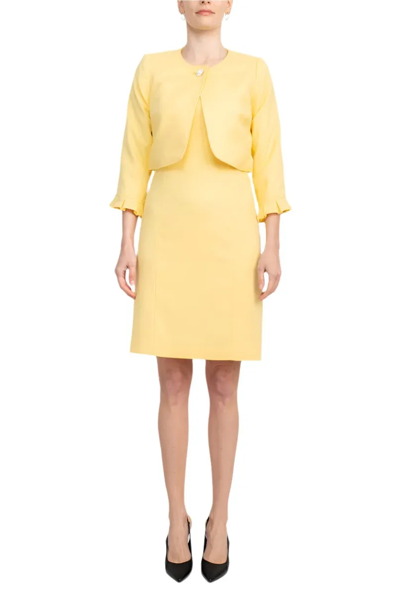 Tahari ASL Scoop Neck Sleeveless Short Dress With Matching Crew Neck 3/4 Ruffle Cuff Sleeves Jacket