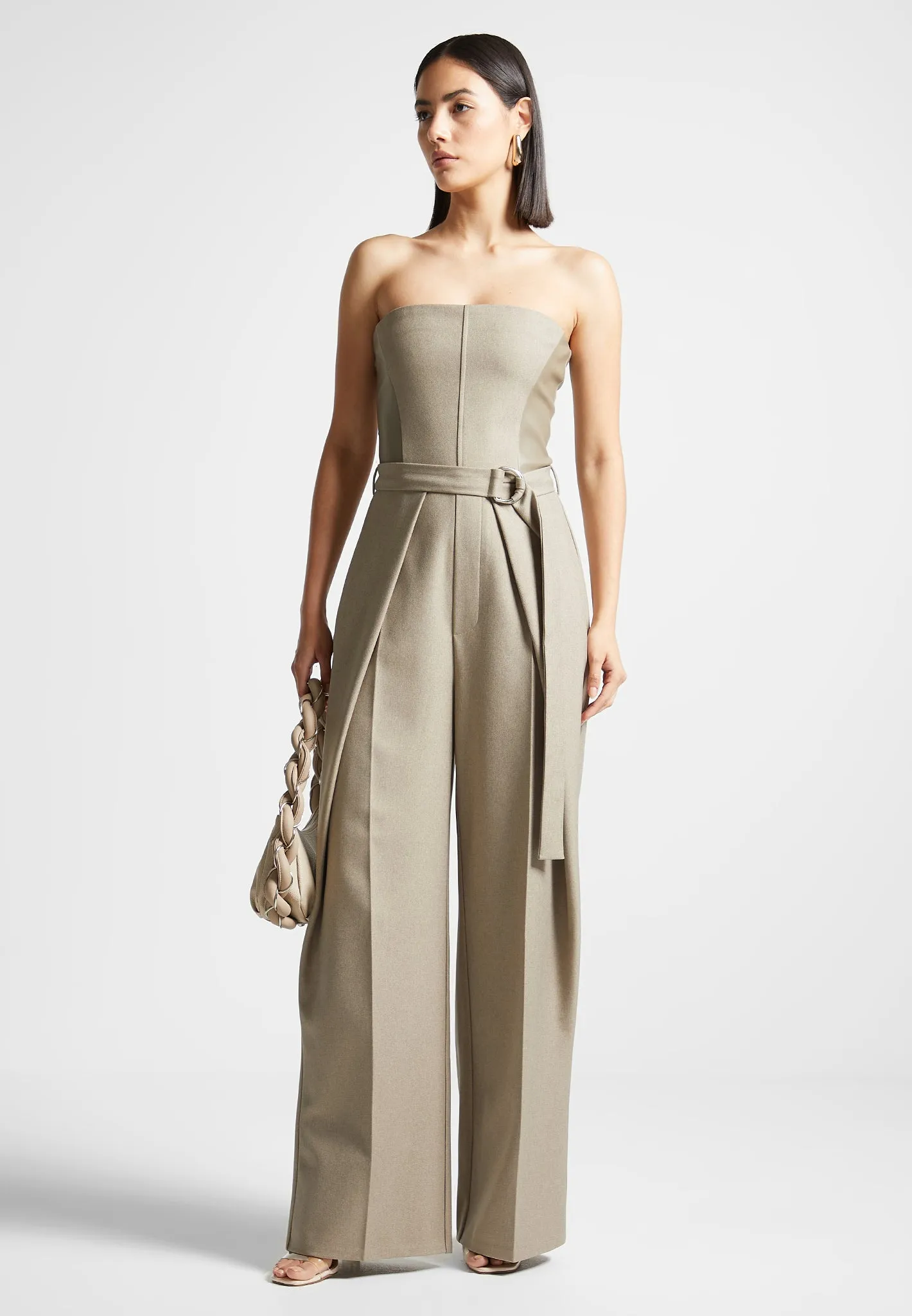 Tailored Pleat Jumpsuit with Belt - Beige