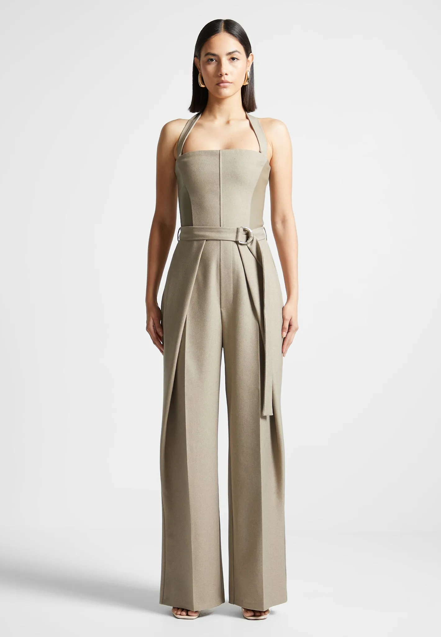 Tailored Pleat Jumpsuit with Belt - Beige