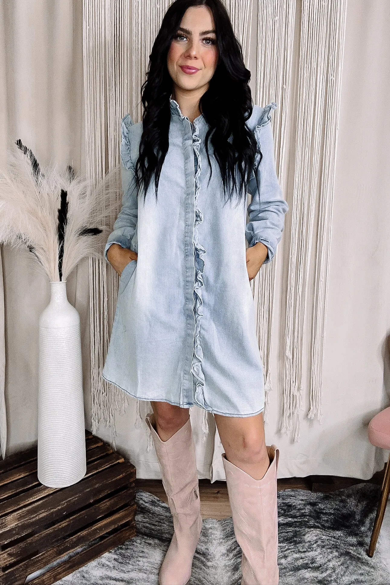 Tanner Ruffle Detail Denim Dress