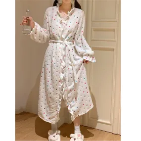 TAVIMART  -  Soft Women Sleepwear Autumn Winter Coral Fleece Nightdress Colorful Polka Dot Cardigan Bathrobe Lace up Comfortable Pyjamas S452