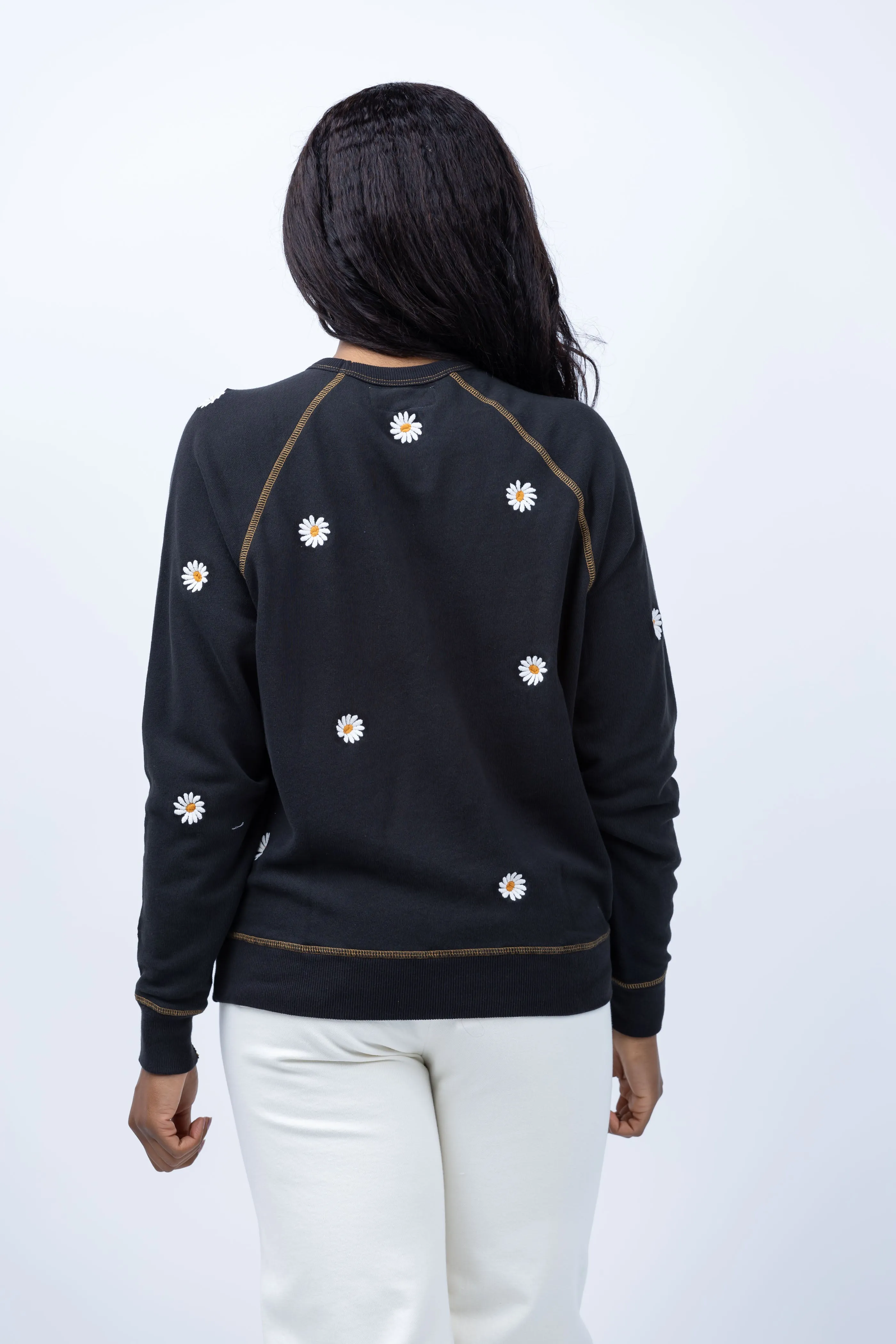 The Great. The College Sweatshirt in Almost Black with Daisy Embroidery