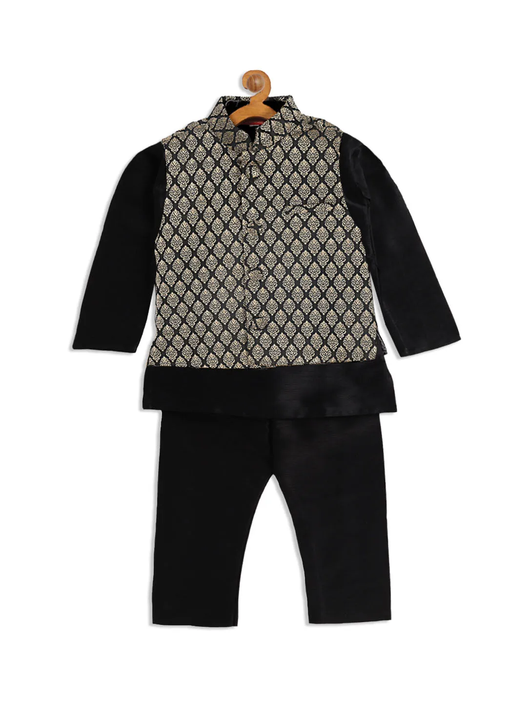 VASTRAMAY Boy's Black Woven Design Slim Fit Nehru Jacket And Black Kurta Pyjama Set