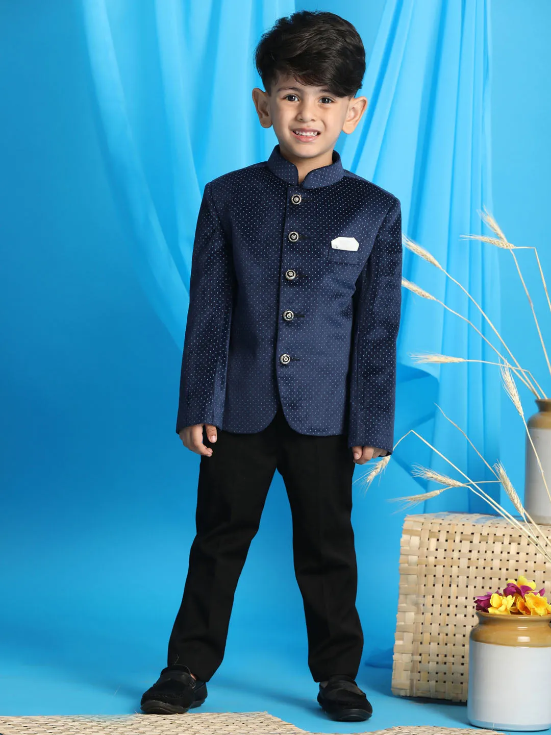 VASTRAMAY Boy's Blue  Polka Dot Printed Jodhpuri