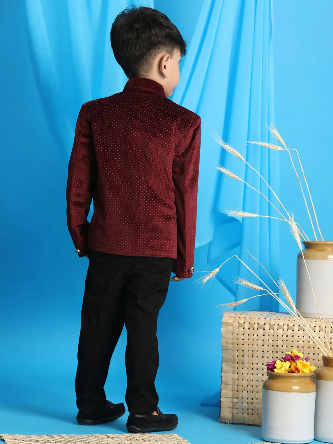 VASTRAMAY Boy's Maroon Polka Dot Printed Jodhpuri