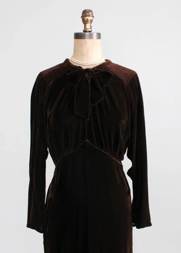 Vintage 1930s Brown Velvet  Afternoon Dress