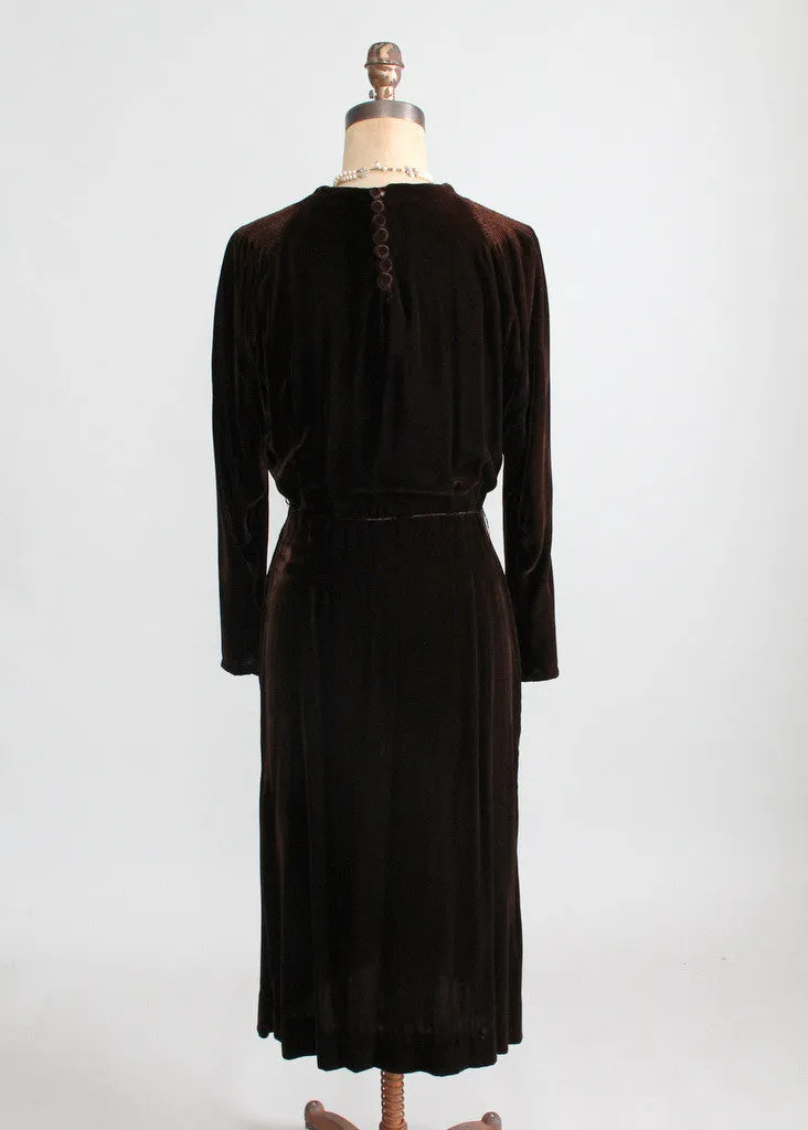 Vintage 1930s Brown Velvet  Afternoon Dress