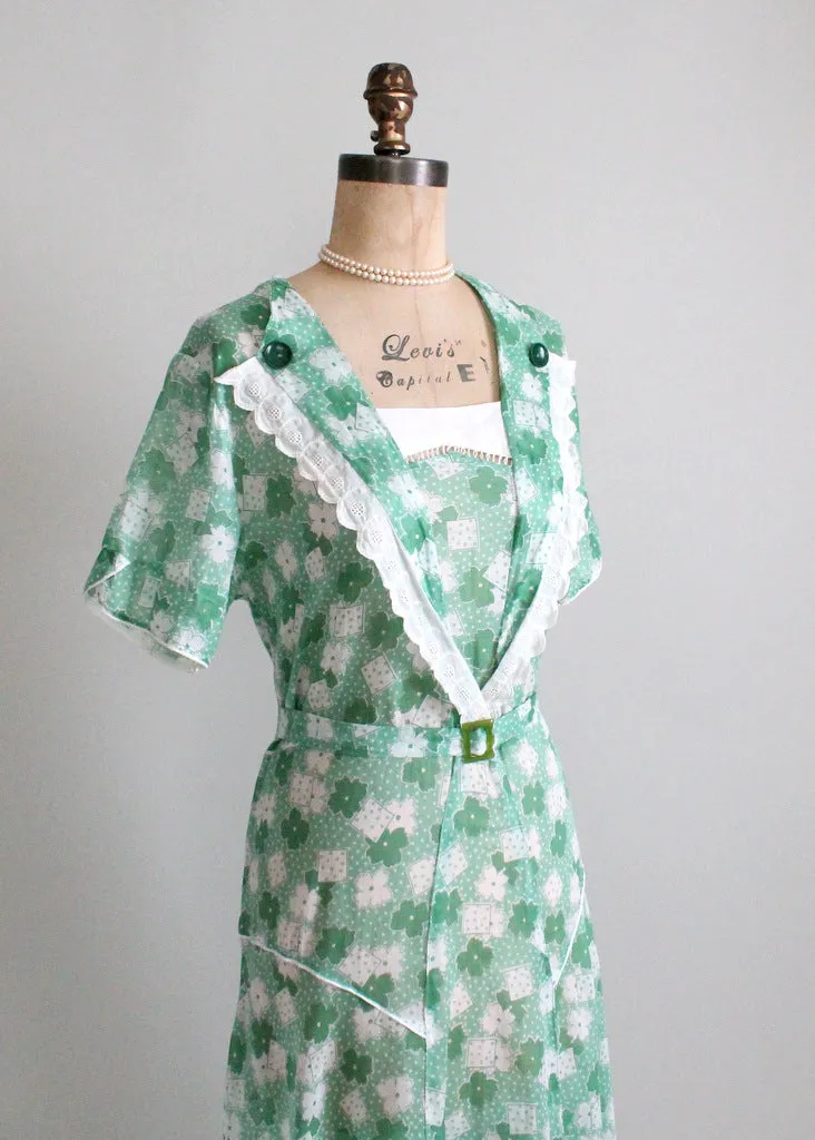 Vintage 1930s Green Floral Cotton Day Dress