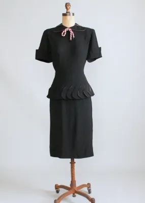 Vintage 1940s Black and Pink Rayon Peplum Dress