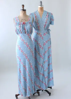 Vintage 1940s Blue Floral Gown with Matching Robe