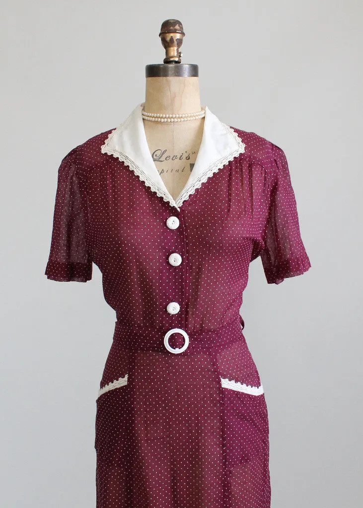 Vintage 1940s NOS Plum Swiss Dot Day Dress