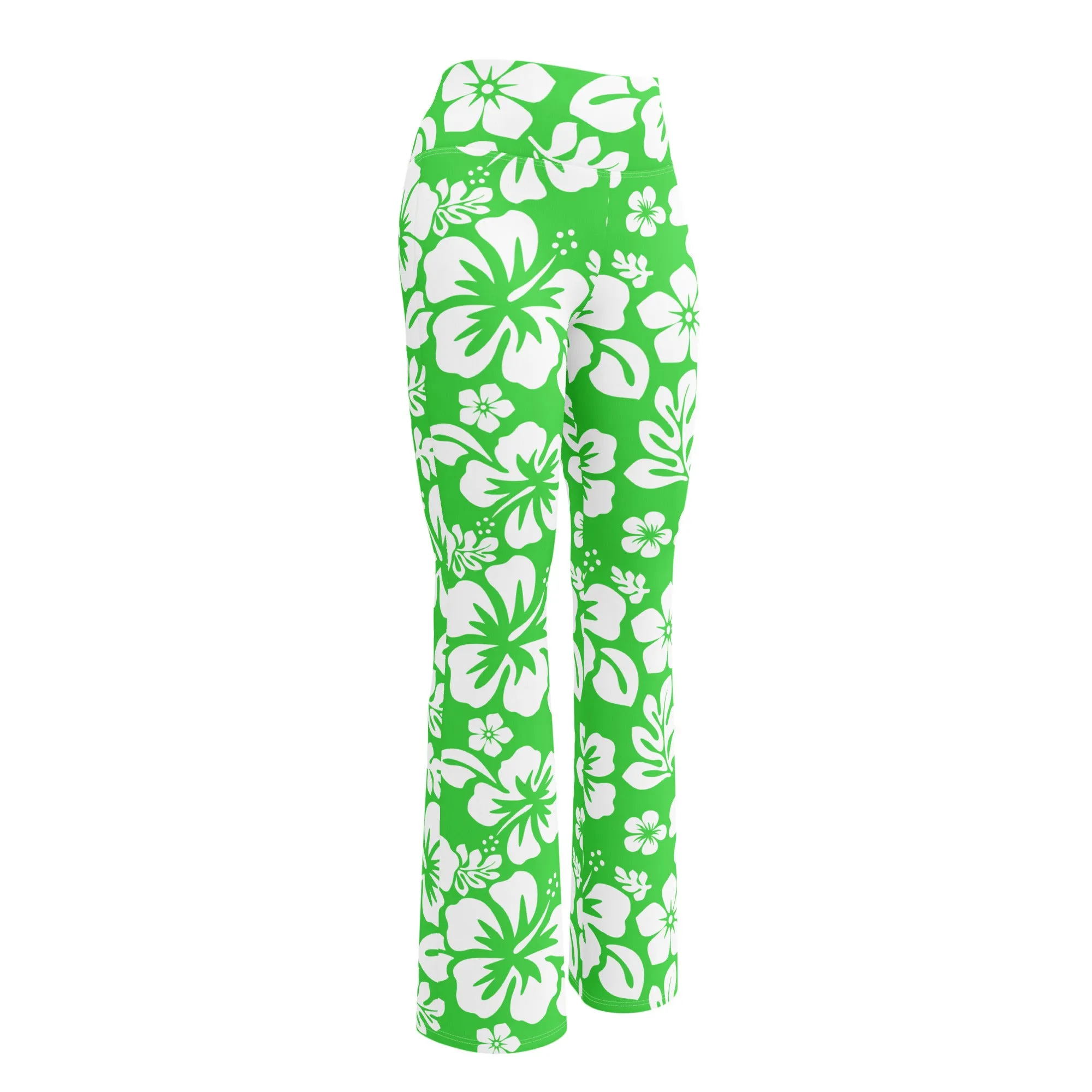 White and Lime Green Hawaiian Flowers Flare Leggings