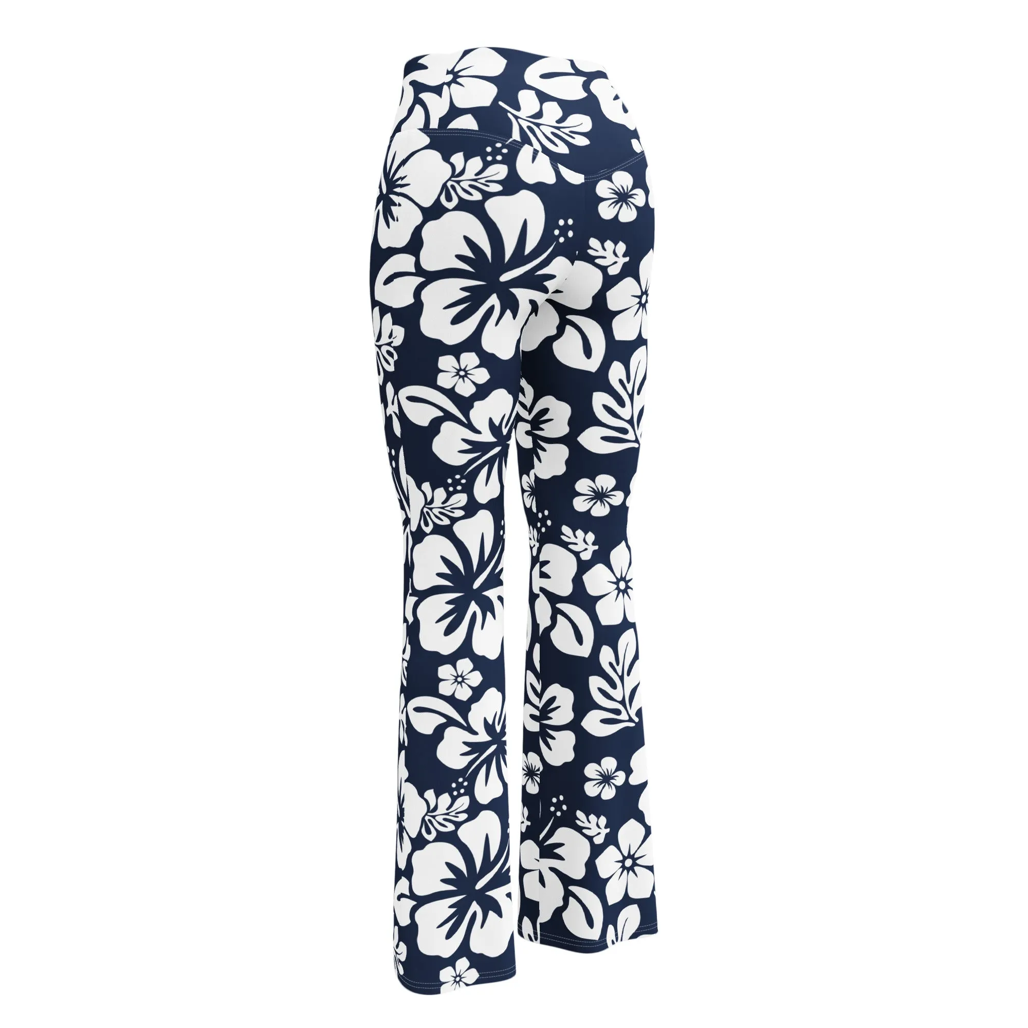 White and Navy Blue Hawaiian Flowers Flare Leggings