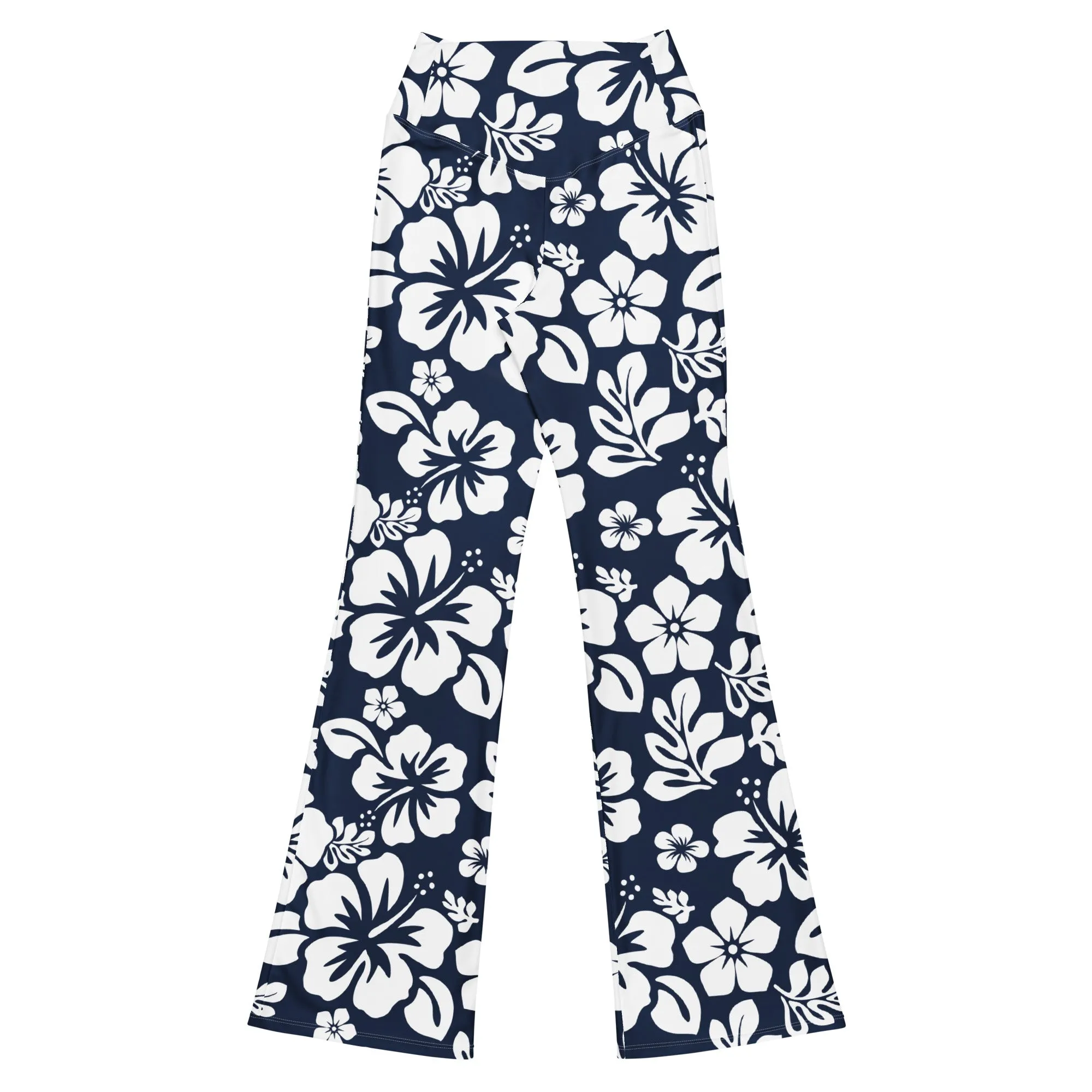 White and Navy Blue Hawaiian Flowers Flare Leggings