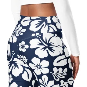 White and Navy Blue Hawaiian Flowers Flare Leggings