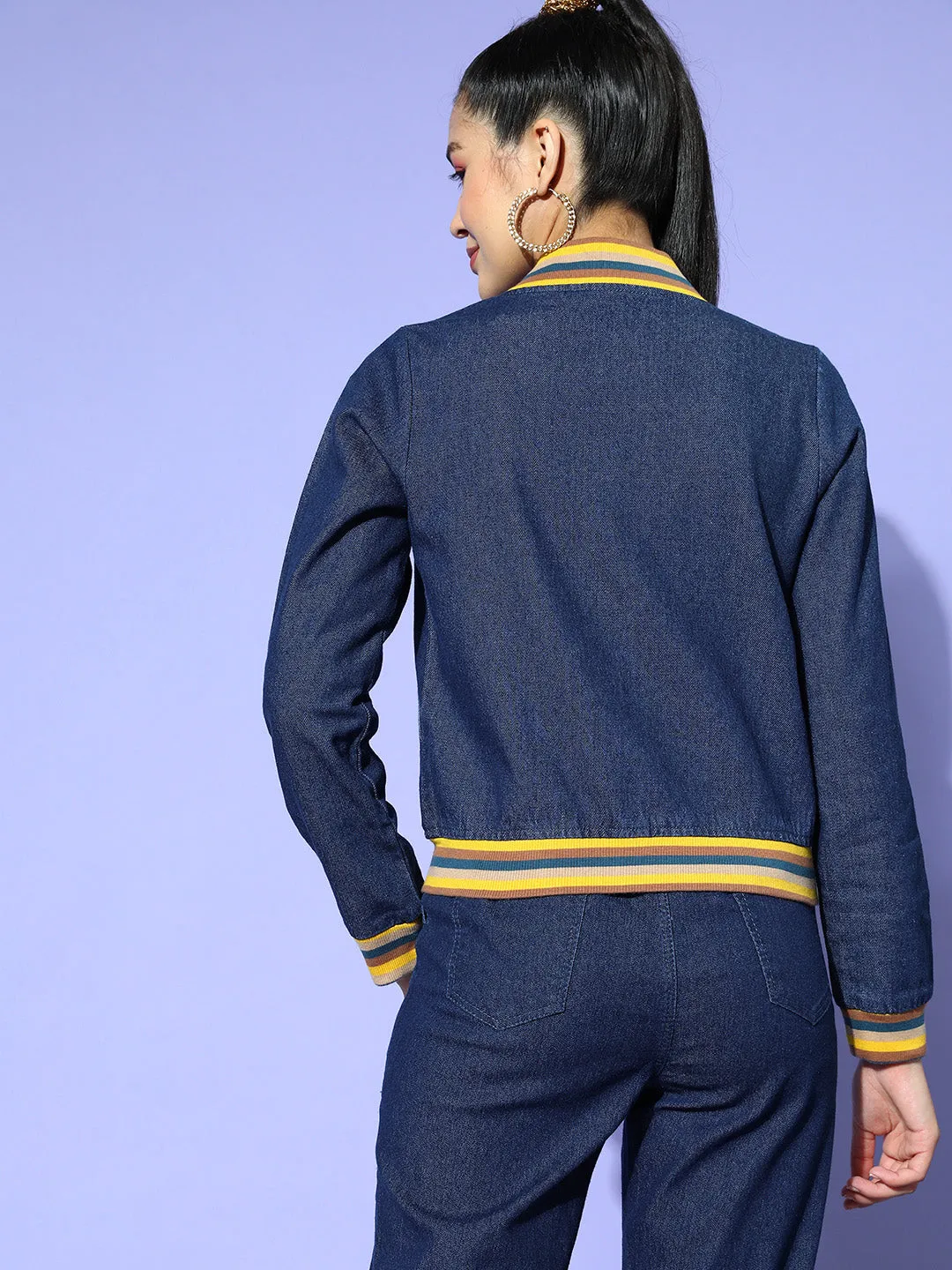 Women Navy Denim Striped Rib Bomber Jacket