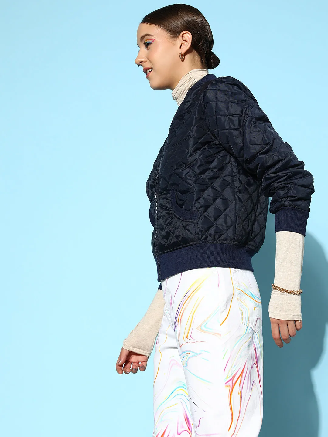 Women Navy Quilted Bomber Jacket