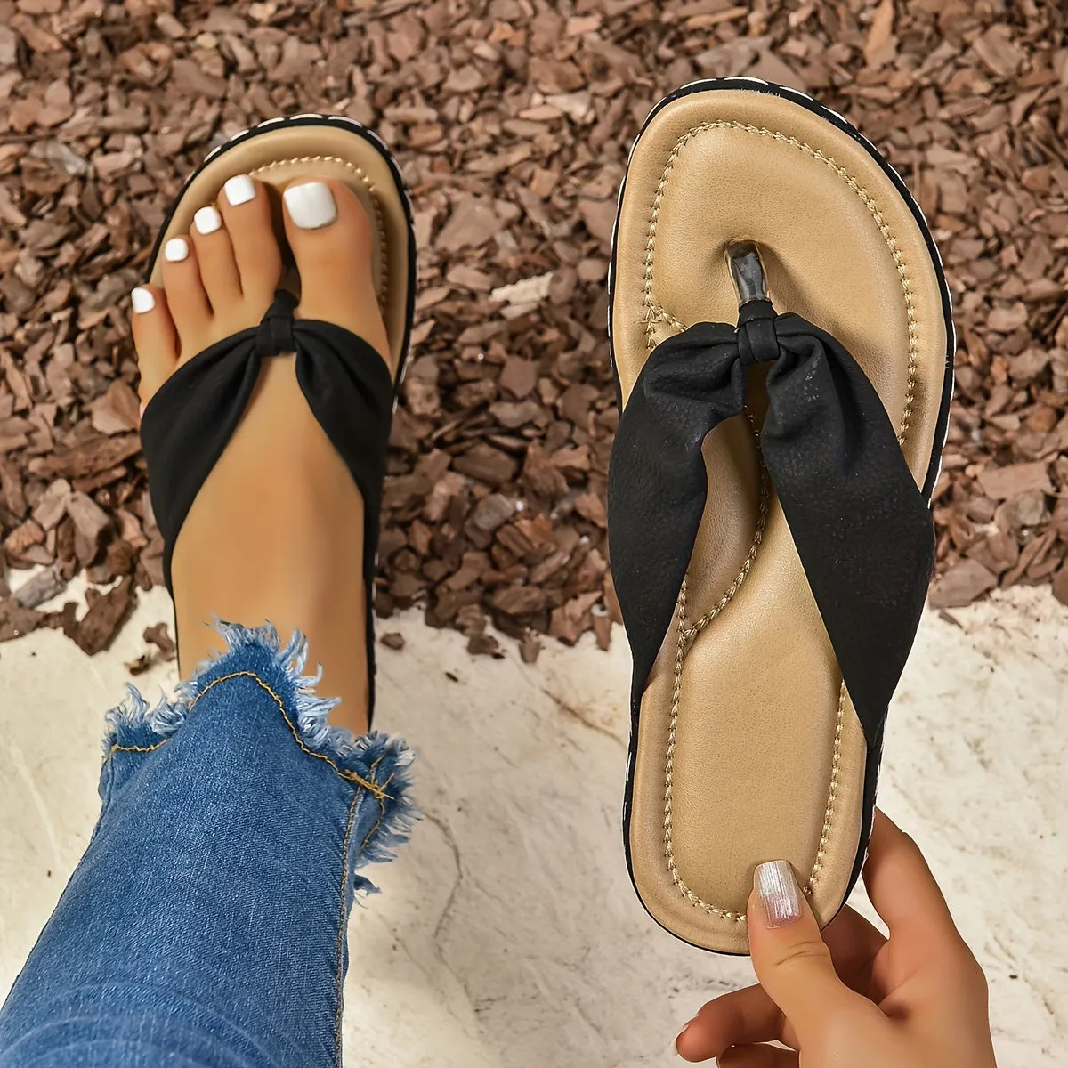 Womens Comfortable Solid Color Thong Slides - Lightweight Soft Sole, Slip-on, Flat Heel, Open Toe, PU Faux Leather Upper, EVA Sole, Perfect for Beach, Holiday, and Casual Wear