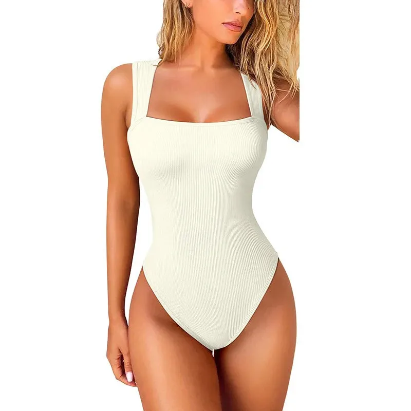 Women's Sexy Summer Square Collar High Waist Ultra Elastic Slim-Fit Thong Shapewear Jumpsuit