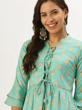 Women's Turquoise Blue Paisley A-Line Kurta