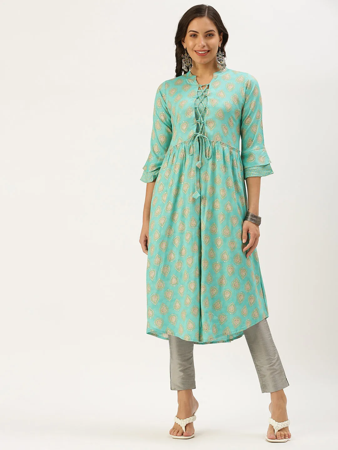 Women's Turquoise Blue Paisley A-Line Kurta