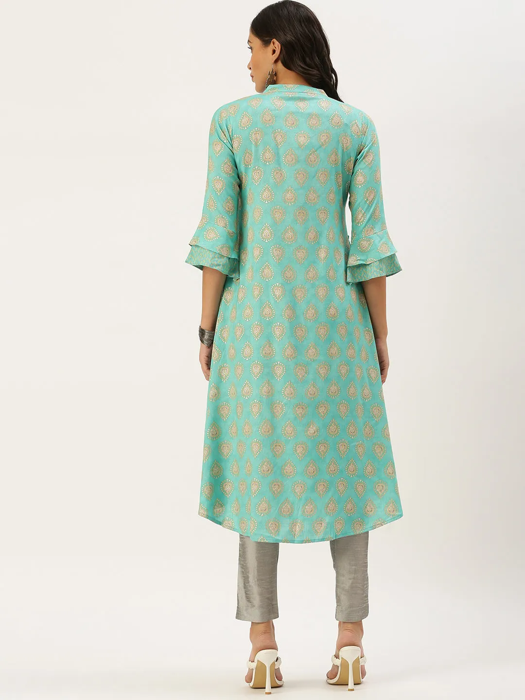 Women's Turquoise Blue Paisley A-Line Kurta