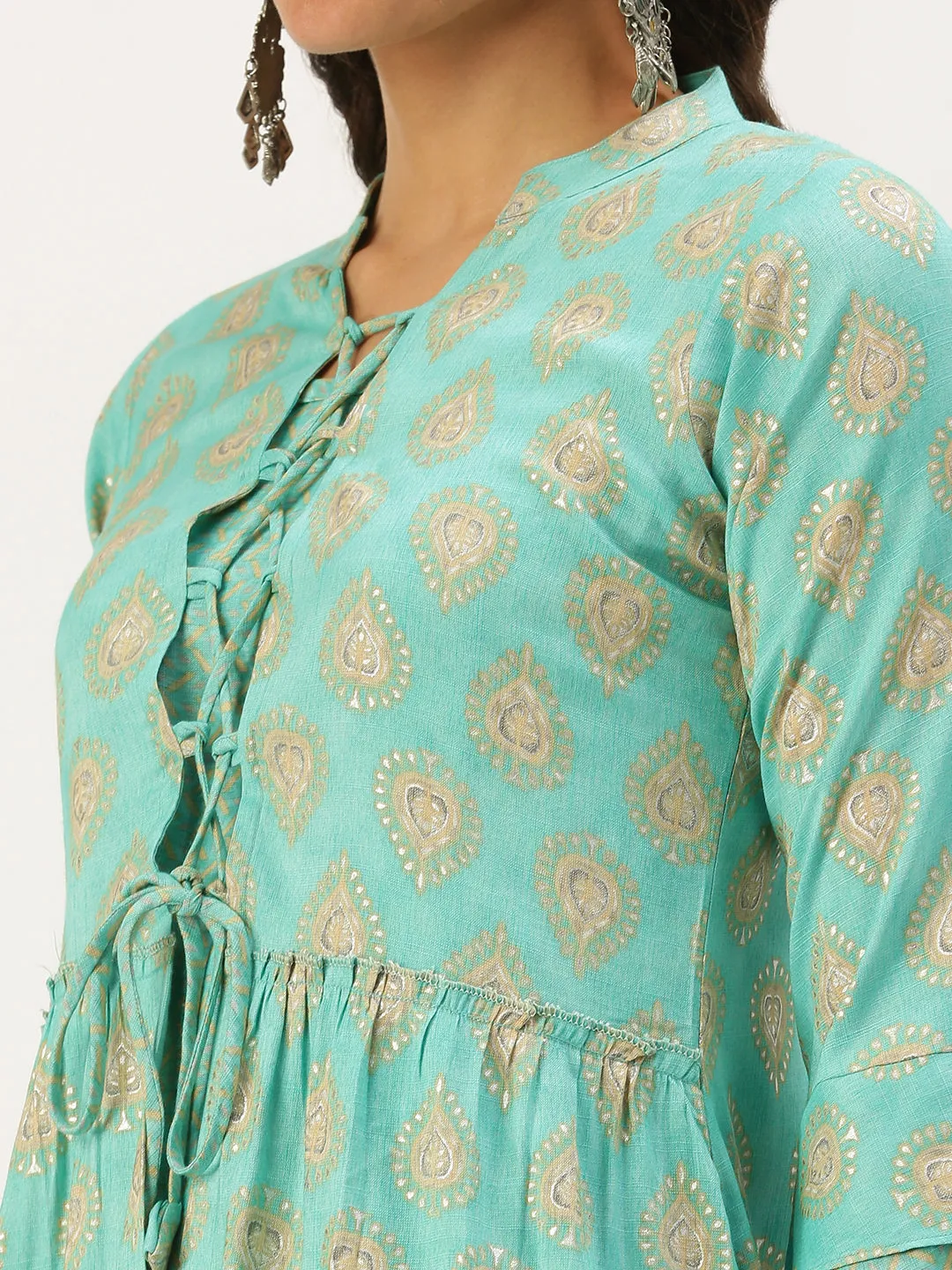 Women's Turquoise Blue Paisley A-Line Kurta