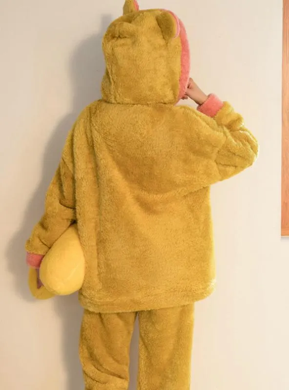 YELLOW BEAR CORAL VELVET PAJAMAS FEMALE WINTER