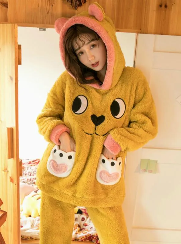 YELLOW BEAR CORAL VELVET PAJAMAS FEMALE WINTER