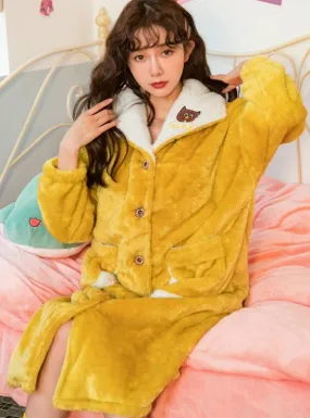 YELLOW OWL THICKENED CORAL VELVET LOOSE LONG ROBE