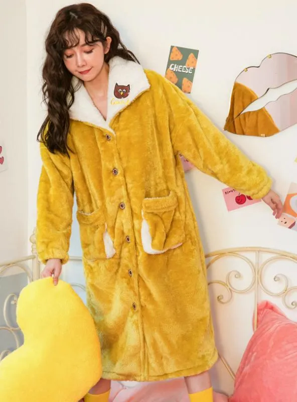 YELLOW OWL THICKENED CORAL VELVET LOOSE LONG ROBE